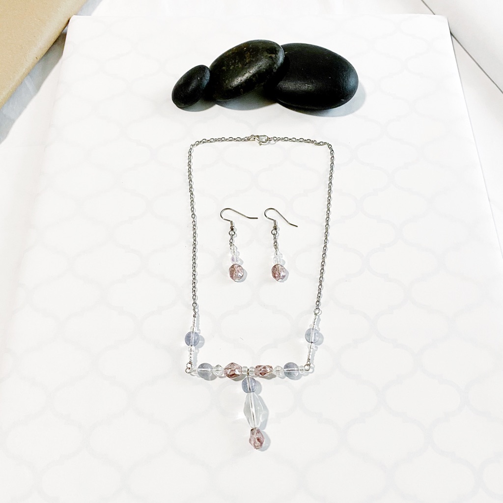 Pale Blue & Pink Beaded Necklace & Earrings